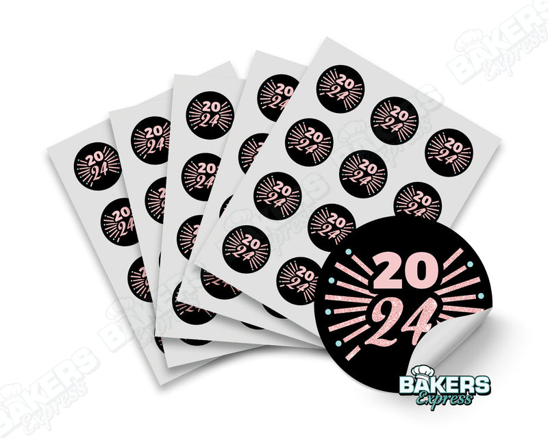 Black and Pink Happy New Year Themed Round Digital 2" Colored Stickers (5 Sheets)